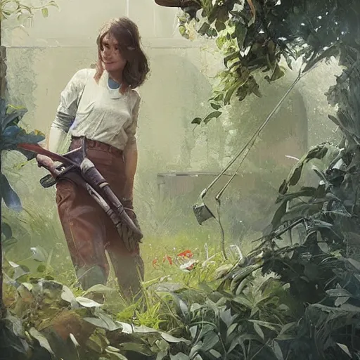 Image similar to girl is working in garden with pruning shears, artstation greg rutkowski, cinematic