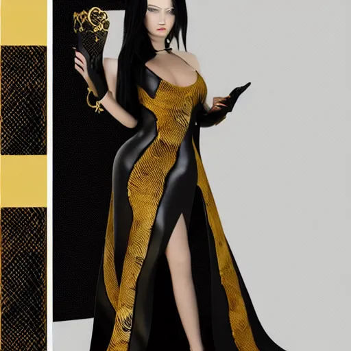 Image similar to curvy feminine hot goth cutie with sublime modest elegant patterned gold-black snakeskin leather neck-high gown, cgsociety, photorealistic, comfy ambience, idealistic, 16k, smooth, sharp focus, trending on ArtStation, volumetric lighting, fully clothed, worksafe