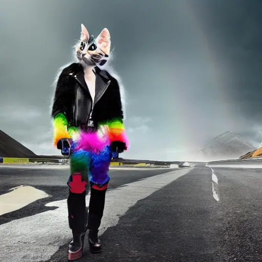 Image similar to wide angle full body, jacket wearing fluffy cute rainbow kitten wearing a black leather motorcycle jacket, cinematic concept art