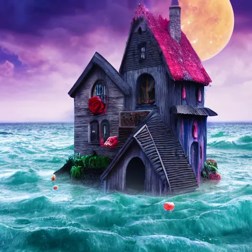 Prompt: a witches house made out of candy with a scary witch in front of the house, floating on the ocean, epic scene, fantasy, cinematic, redshift render, cgi, hyper - detailed, photo - bash, 8 k post - production, masterpiece