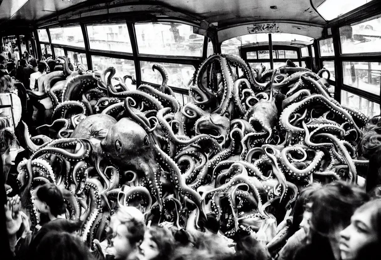 Image similar to 1 6 mm lens photo of a interior of a crowded bus in a moment of terror, there is a huge monster octopus trying to break in, octopus beak can be seen, arms creeping in thrugh the windows, people are scared and screaming while trying to flee through the windows and doors,