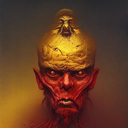 Image similar to Angry Gold Prospector portrait, dark fantasy, red and gold, artstation, painted by Zdzisław Beksiński and Wayne Barlowe