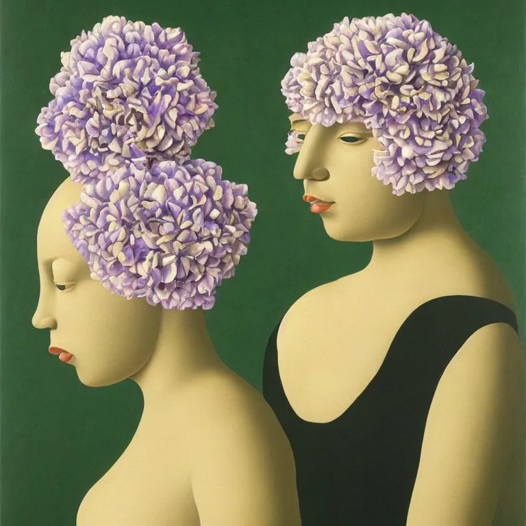 Image similar to portrait of a faceless lavender and camellia flower - head black woman by rene magritte, detailed painting, distance, centered, hd, hq, high resolution, high detail, 4 k, 8 k