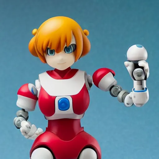 Image similar to photo of figma figures in a diorama : : roll is repairing computers in dr. light's laboratory. roll is a cute female ball - jointed robot ( in the style of mega man ) who has blonde hair with bangs and a ponytail tied with a green ribbon. she is wearing a red one - piece dress with a white collar, and red boots.