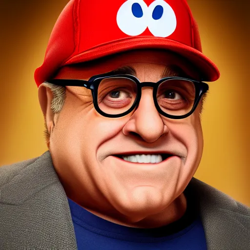 Image similar to Portrait of Danny DeVito as Super Mario, studio lighting, model, HDR, 24MP, trending on artstation