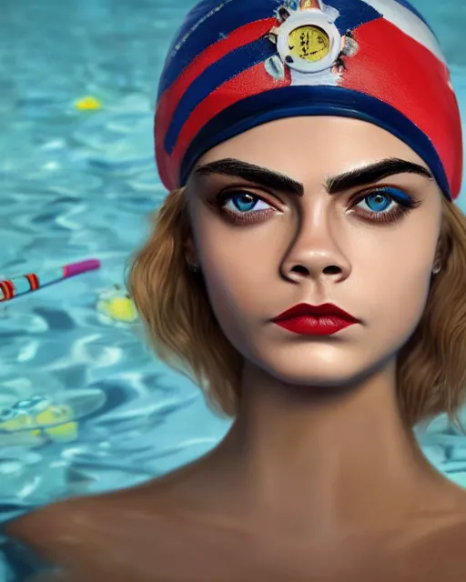 Prompt: closeup face profile portrait of cara delevingne as a tin toy swim champ, bikini, depth of field, zeiss lens, detailed and intricate environment, fashion photoshoot by nicoletta ceccoli, mark ryden, lostfish, breathtaking, 8 k resolution, artistic, hyperrealistic, octane render