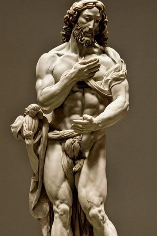 Image similar to michelangelo statue of jesus christ with blindfold!!!!!! holding cornucopia!!!!!!