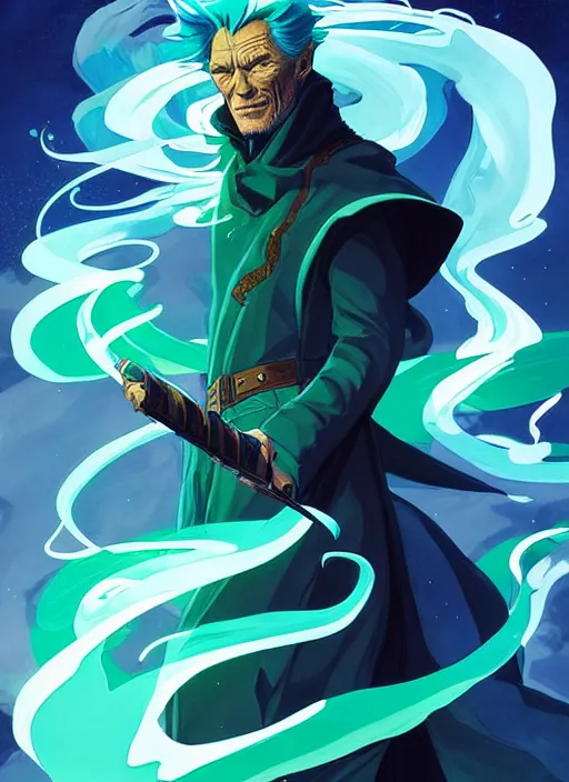 Image similar to style artgerm, joshua middleton, clint eastwood as a mage wearing green pelt robes, blue hair, swirling water cosmos, fantasy, dnd, cinematic lighting