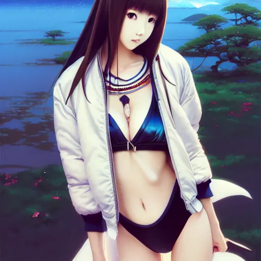 Image similar to a beautiful japanese lalisa alluring gravure model, wearing oversized designer bomber jacket and leotard, bulky poofy bomber jacket with mesoamerican patterns, mesoamerican native street fashion, gapmoe yandere grimdark, trending on pixiv fanbox, painted by greg rutkowski makoto shinkai takashi takeuchi studio ghibli, akihiko yoshida