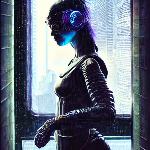 Image similar to portrait of cyberpunk woman looking out of a window, cyberpunk setting, futuristic, highly detailed, intricate lighting, digital painting, sharp focus, illustration, trending on artstation, art by steve argyle.