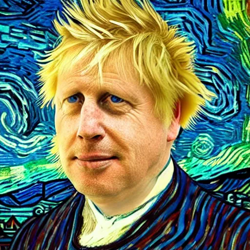 Image similar to detailed portrait of boris johnson as an 1890s peasant with enoumous crazy hair at a party at a cafe on a starry night painted by van gogh. digital art. high quality.