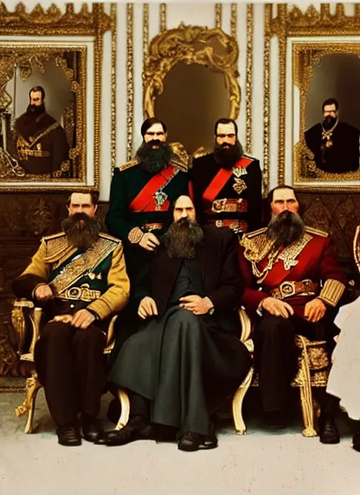 Prompt: a royal court gathering of tsar nicholas, rasputin, circa 1 9 1 4 but as a real life color photo