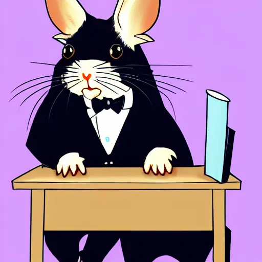 Prompt: portrait of a chinchilla in a sharp business suit, black tie sitting at an office chair, cute anime art