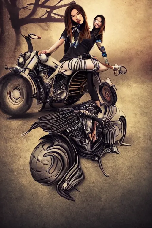 Prompt: woman ride skull motorcycle, high definition, 8 0 m. m lens, realistic, art by jacqueline e, mongezi ncaphayi, color by bo feng lin, trending deviantart