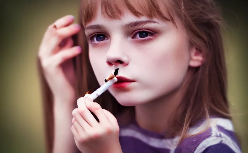 Prompt: portrait photography of a cute young girl smoking a cigarette, photorealistic, detailed, 4 k