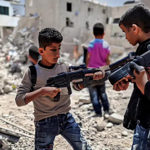 Prompt: kids in gaza strip fighting using digimons