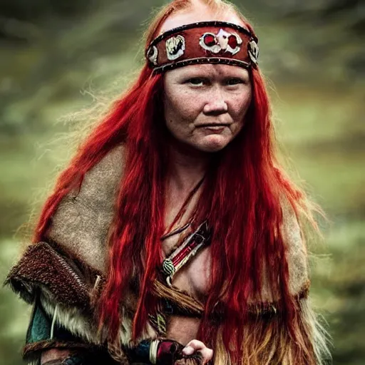 Image similar to Viking woman tribal, red hair,, photograph, national geographic, award winning.