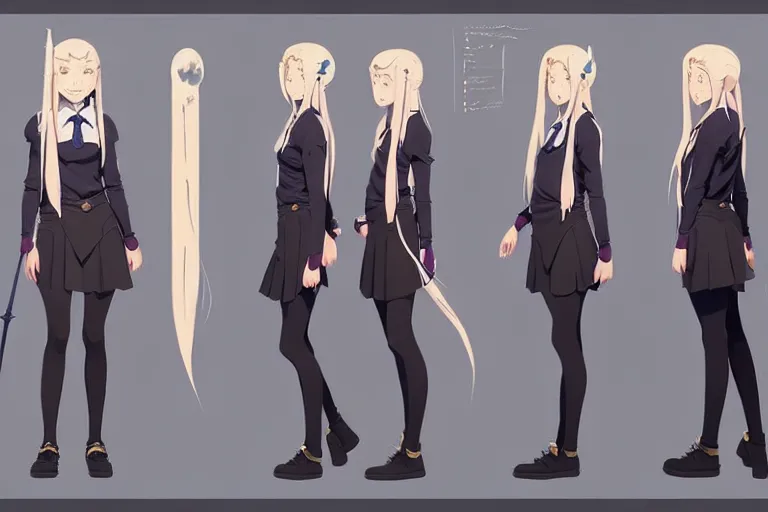 Image similar to character sheet of attractive female student witch, magic school uniform, blonde hair, by greg rutkowski and studio ghibli, digital art, trending on artstation, highly detailed, concept art, beautiful, masterpiece