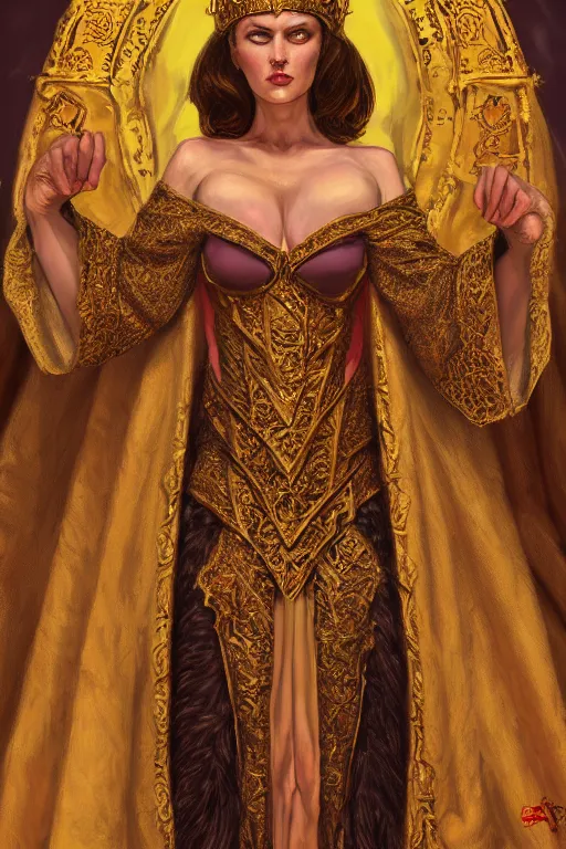 Image similar to Portrait of historically accurate, ancient biblical, sultry, sneering, evil, pagan, wicked, queen jezebel, wearing gilded robes, long hair, intricate, elegant, highly detailed, masterpiece, illustration, art by Andrew Loomis, highly detailed, trending on artstation, award winning