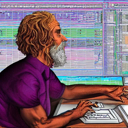 Prompt: a human/computer system, a side-view of a person sitting on their desk programming by Alex Grey, highly detailed, 8K