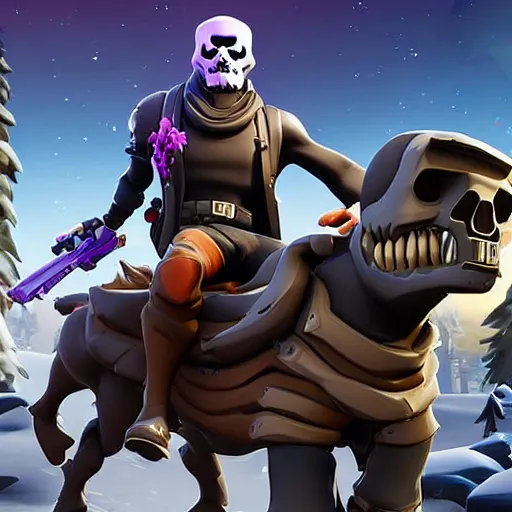 Image similar to fortnite skull trooper riding a buffalo on a cold and stormy night in the middle of the winter