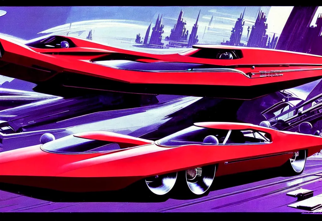 Image similar to an extremely complex and advanced car from the 1960s, extreme plus resolution fantasy concept art, intricate details to everything visible, sharp lighting, Dramatic light by Denis Villeneuve, strong emphasis on Syd Mead and Robert McCall