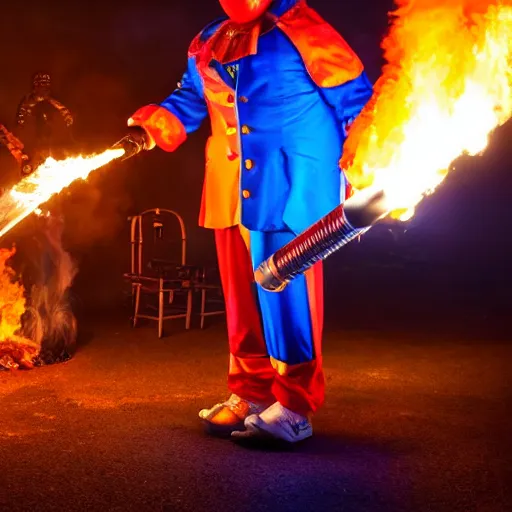 Prompt: photo of a clown using a flamethrower. In the background there is a fire. award-winning, highly-detailed, 8K