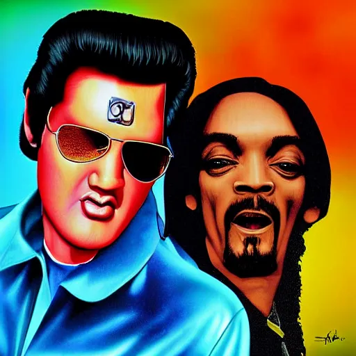 Image similar to elvis presley and snoop dog singing a duet, black velvet, digital art