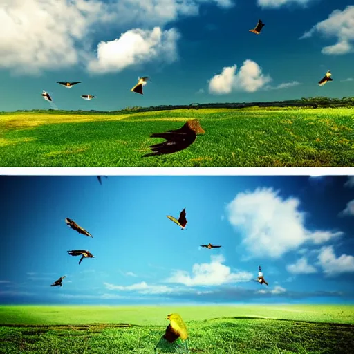 Image similar to a beautiful clean digital art of a landscape with lush green pastures and a beach with birds flying in the sky with white fluffy clouds, a colorful color palette, trending on artstation, 4 k