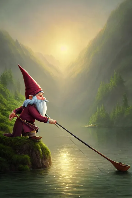 Image similar to legendary elegant gnome fishing in lake, highly detailed, d & d, fantasy, highly detailed, digital painting, trending on artstation, concept art, sharp focus, illustration, global illumination, ray tracing, realistic shaded, art by artgerm and greg rutkowski and fuji choko and viktoria gavrilenko and hoang lap