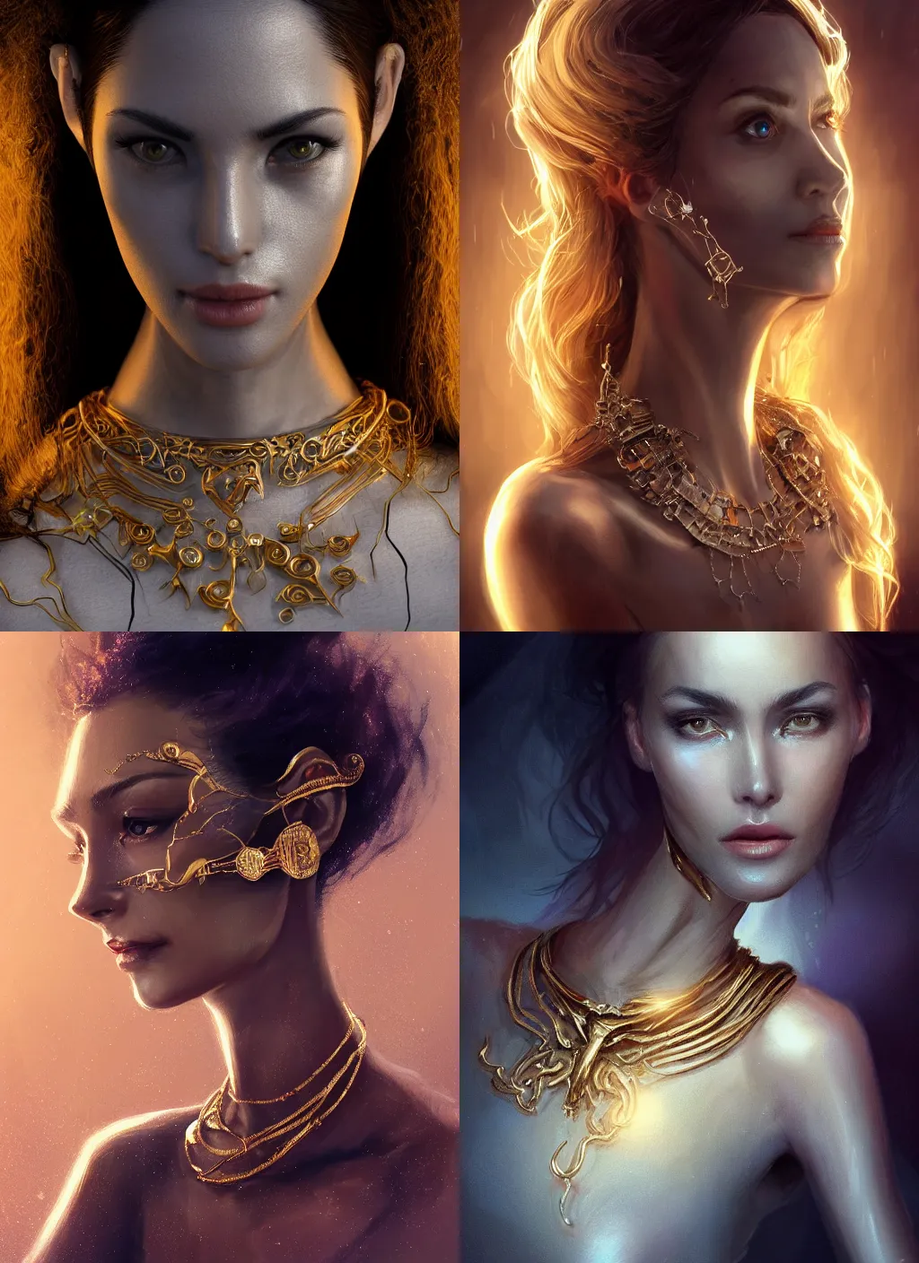 Prompt: realistic character concept, creature of jupyter with lots of jewelry in the face, elegant pose, scifi, illustration, slender symmetrical face and body, artstation, cinematic lighting, hyperdetailed, cgsociety, 8 k, high resolution, charlie bowater, david walker, single face, insanely detailed and intricate, beautiful, elegant, golden ratio, dark