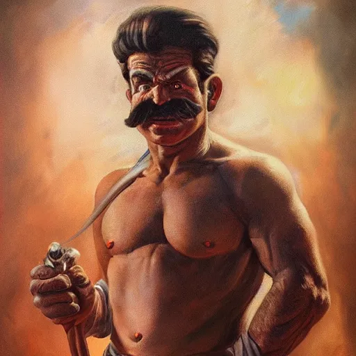 Image similar to An ultra realistic portrait painting of Mario in the style of Frank Frazetta, 4k, Ultrarealistic, Highly Detailed, Dark Fantasy, Epic Lighting