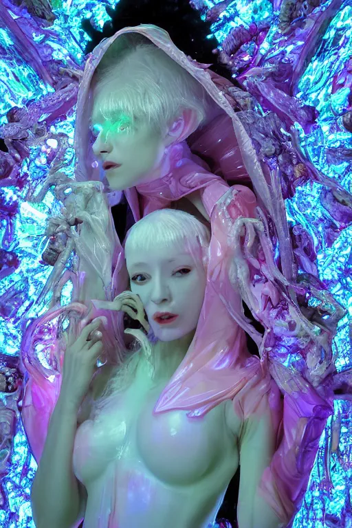 Image similar to photo of full-body baroque and cyberpunk delicate neon crystalline sculpture of ((beautiful feminie albino Spanish princess)) as an onyx humanoid deity wearing ((peach plastic hooded cloak)) (holding an onyx skull) in a onyx aztec temple, reclining, glowing blue face, crown of (pink lasers), large blue diamonds, swirling black silk fabric. futuristic elements. oozing glowing liquid, full-length view. space robots. intricate artwork by caravaggio. Trending on artstation, octane render, cinematic lighting from the right, hyper realism, photorealistic, octane render, 8k, depth of field, 3D