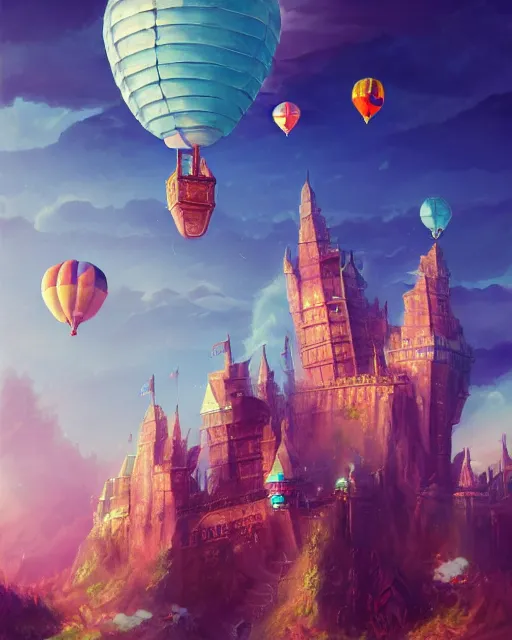 Image similar to flying cloud castle, buildings, baloons, atmosphere, glow, detailed, full of colour, cinematic lighting, trending on artstation, 4 k, hyperrealistic, extreme details, bright, blue sky, mountains, fantasy, masterpiece, art by wylie beckert