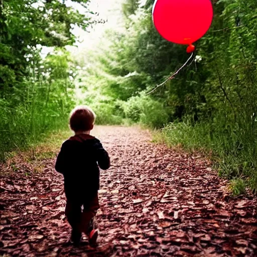 Prompt: little boy walking in the woods at night, scary, red balloon floating in the background