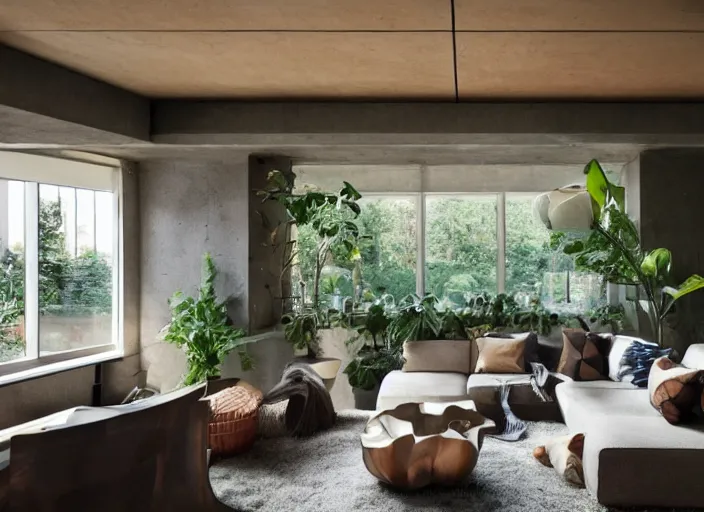 Prompt: interior design of a living room, inspired by brutalism, lots of plants, star - shaped windows