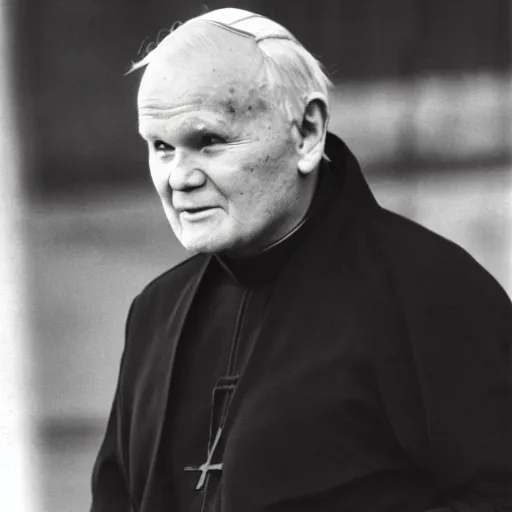 Image similar to john paul ii standing in a black hoodie, black cargo pants and high black boots, evening, dark