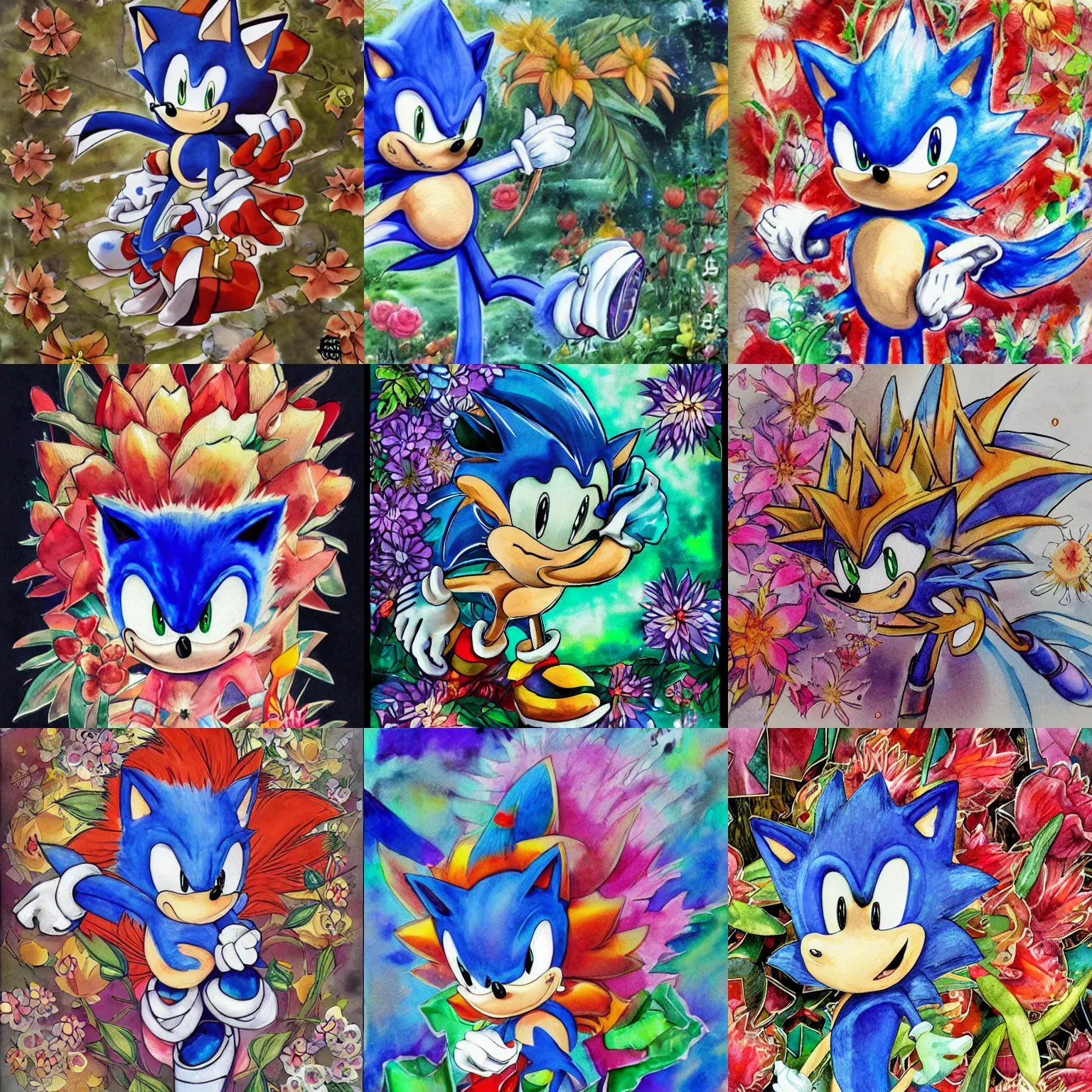 Prompt: watercolor concept art classic sonic the hedgehog portrait, blooming flowers, in the style of Yoshitaka Amano, ornate, maximalist, trending on Artstation, watercolor, sega genesis 1991