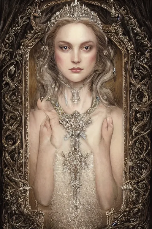 Image similar to full - body - portrait of a beautiful stunning peaceful majestic ice queen wearing intricate jewelry, oil on canvas, baroque style, perfect symmetrical face, mood lighting, ornate and elegant, winter, philosophical, dreamlike, ethereal, painterly, 🌚, digital art, detailed, trending on artstation