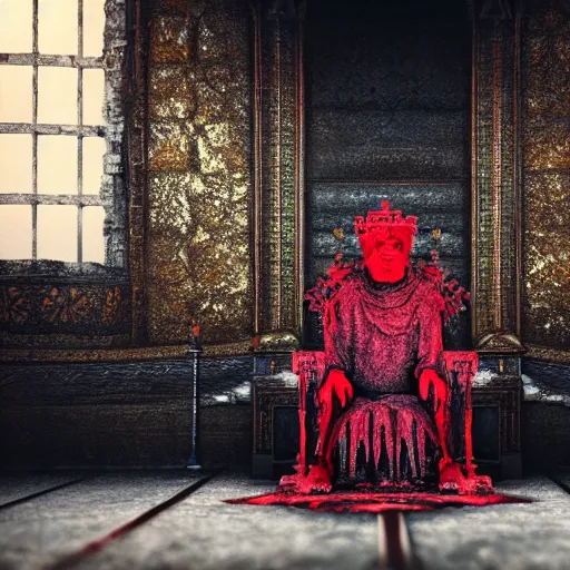 Prompt: a solitary king sitting on a crumbling throne, head in hands, in dark throne room, red carpet leading to throne, depressed, somber, film still, trending on artstation, high detail, in the style of Beeple