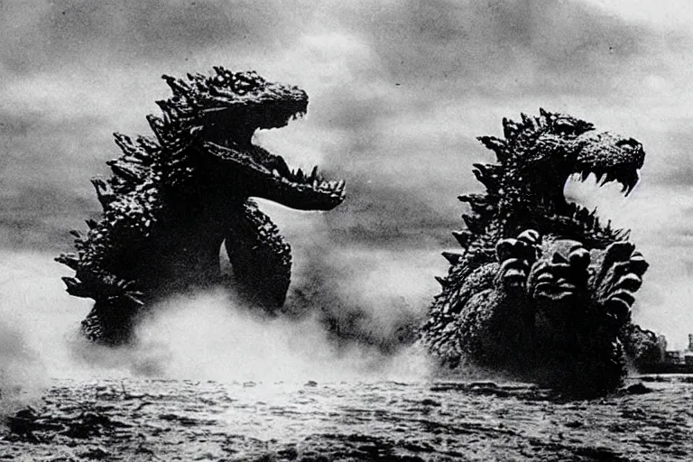 Prompt: film still godzilla!!! storming the beach of normandy in saving private ryan
