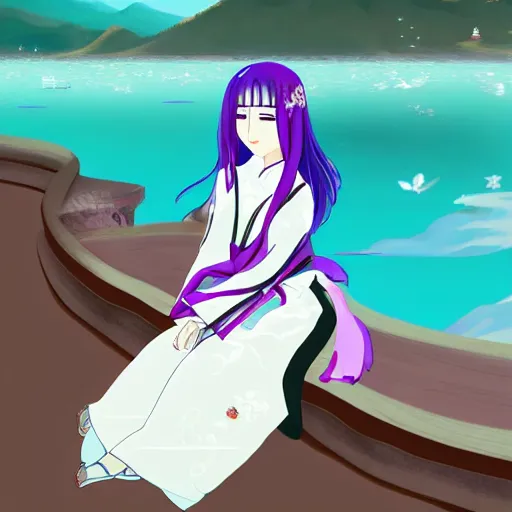 Image similar to elegant chinese princess with purple eyes, sitting by a lake, mountains in background, anime style, award winning art