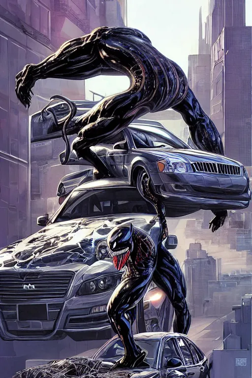 Image similar to a portrait of Venom standing on top of a wrecked car in the city art by Clayton Crain, Javier Garron and Gerardo Sandoval