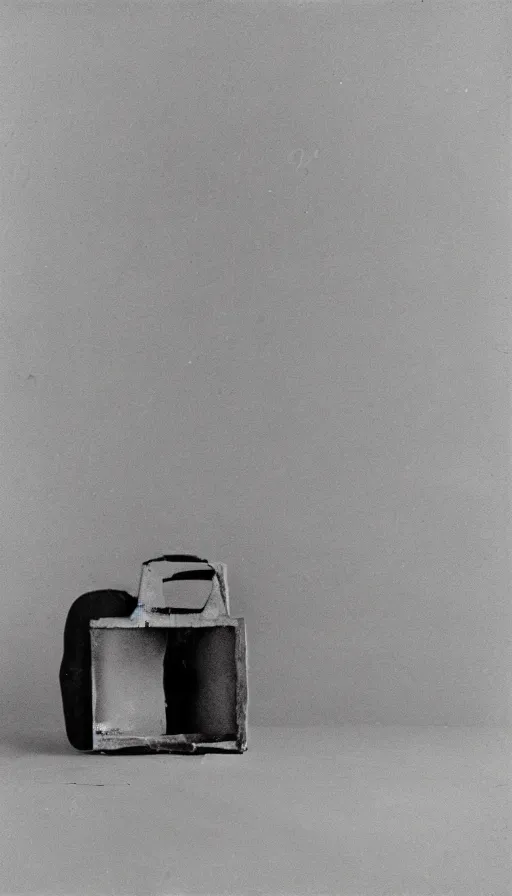 Image similar to a readymade art object by Marcel Duchamp in a vast empty room, everyday plain object, vintage film stock by Irving Penn