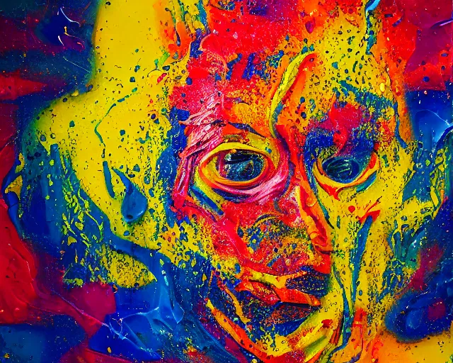 Image similar to abstract expressionist portrait of a head showing strong negative emotions painted with very thick impasto paint and acrylic pour and coloured powder explosion and splashing paint and dripping paint and flying paint chunks, motion blur, hyperrealistic, intricate art photography, anatomically correct, realistic crisp textures, 1 6 k