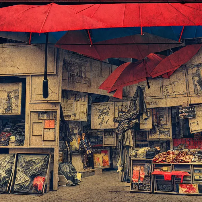 Image similar to close view of a market stall. folded umbrellas for sale on the stall. set in a square. background of an old soviet monument. storyboard, scifi cyberpunk. by gabriel hardman, joe alves, chris bonura. cinematic atmosphere, detailed and intricate, perfect anatomy