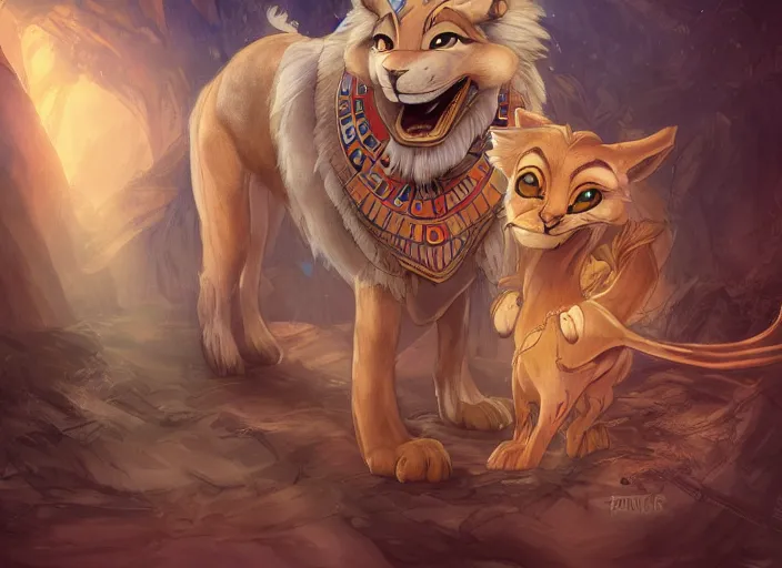 Image similar to full character design of an egyptian lion. deviantart adoptable, style of maple story and zootopia, portrait studio lighting by jessica rossier and brian froud in the style of disney, traditional