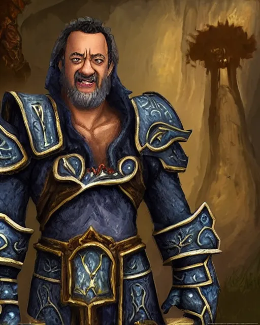 Image similar to tom hanks as a character in the game world of warcraft, with a background based on the game world of warcraft, detailed face