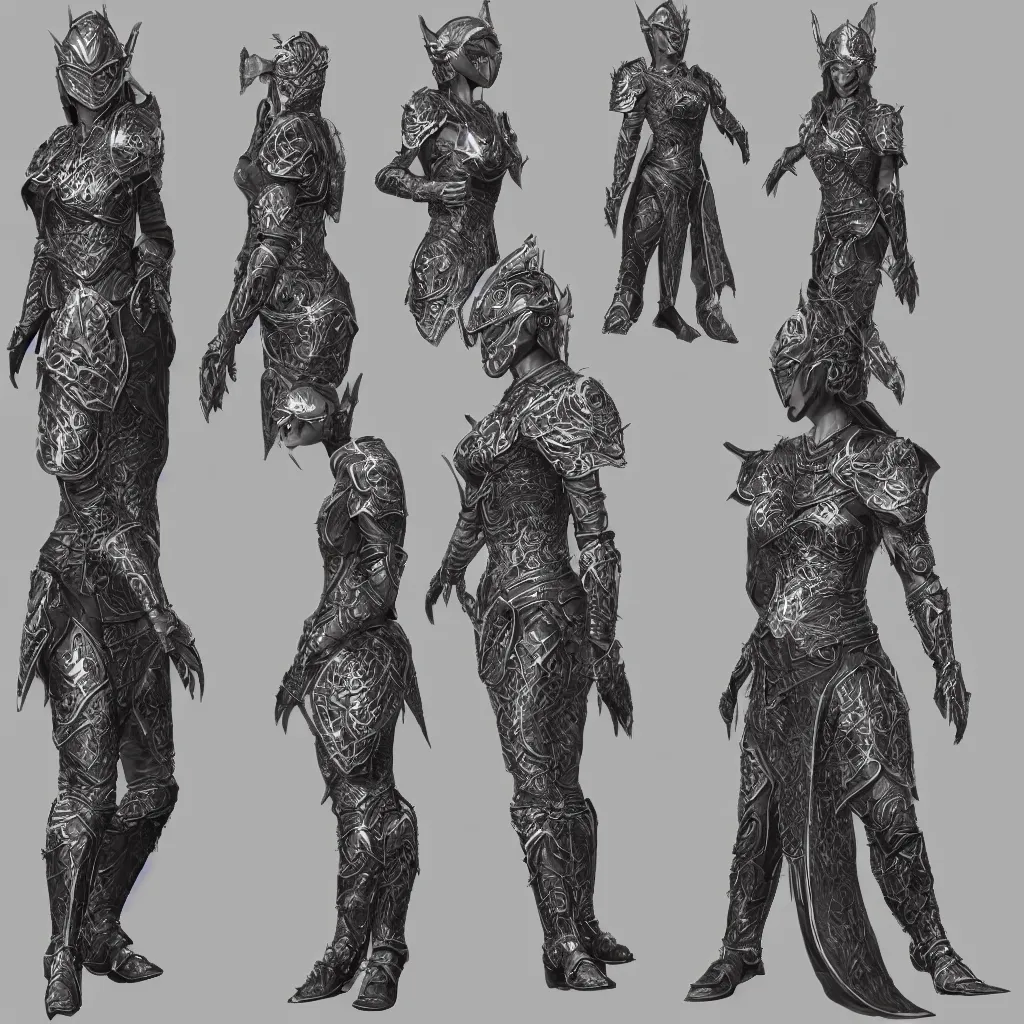 Image similar to concept layout of 3 d rendered suit of decorative female armor, filigree, lord of the rings, elder scrolls, detailed, art station, unreal engine