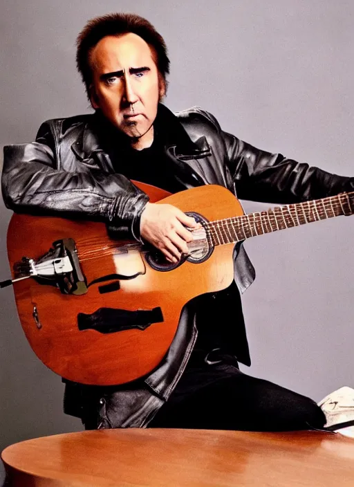 Image similar to nicolas cage, playing guitar while standing on a table